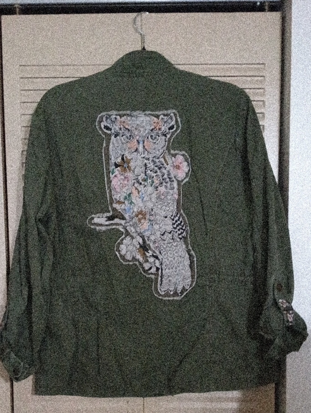 Olive Green Womens Jacket with Owl Motif